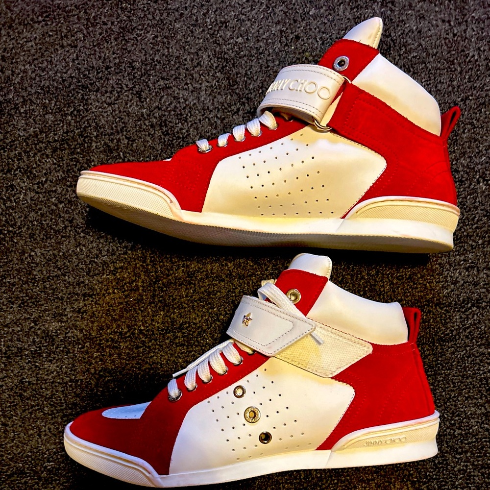 Jimmy Choo Men’s Lewis suede and Leather High top Sneakers white/ Red size 10.5